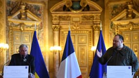 Le président du Sénat Gérard Larcher et Rouslan Stefantchouk, président de la Rada (parlement ukrainien), mardi 7 juin 2022 à Paris