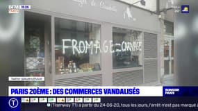 Des vitrines de commerces taguées dans le 20e arrondissement de Paris.