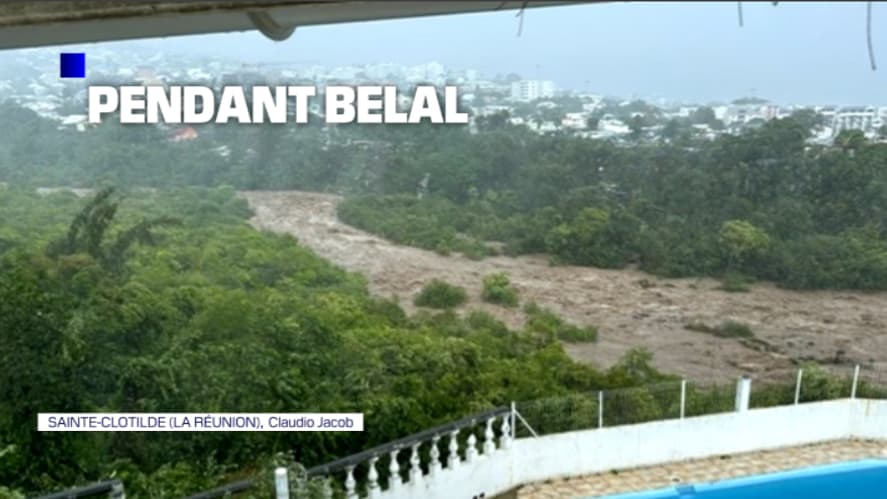 La vue d'un vacancier à Sainte-Clotilde pendant le passage du cyclone Belal, sur l'île de La Réunion, le 15 janvier 2024.