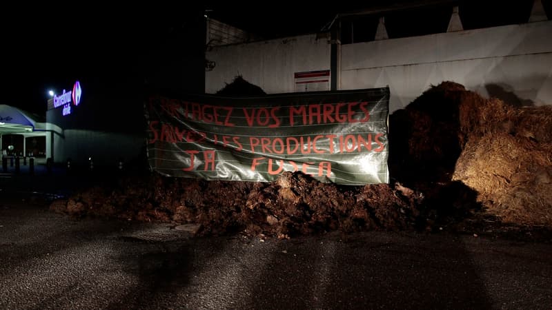 Des agriculteurs déversent du fumier à l'arrière d'un supermarché de Mondeville, près de Caen, le 21 juin 2015 pour réclamer une hausse du prix d'achat de leurs produits