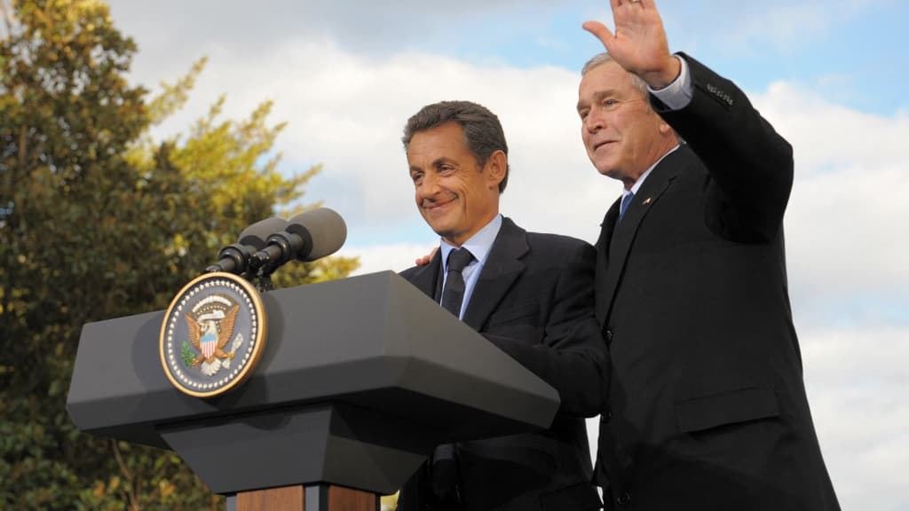 Geroge W. Bush et Nicolas Sarkozy en Virginie le 7 novembre 2007