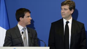 Manuel Valls et Arnaud Montebourg en visite en Suisse, le 12 mai 2014.