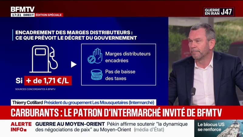 Encadrer les marges des distributeurs? "On est assez remonté parce qu'on trouve inacceptable et la forme et le fond", déclare Thierry Cotillard, président du groupement Les Mousquetaires