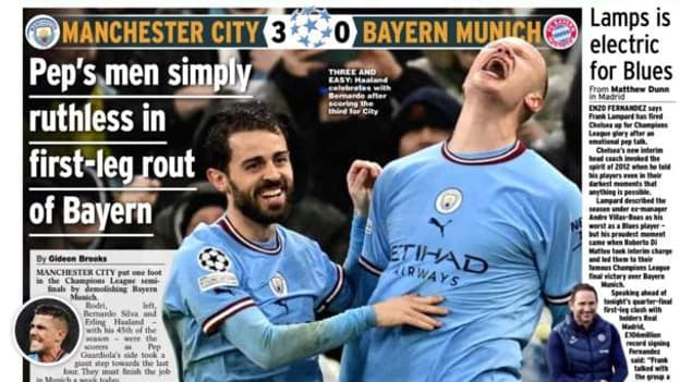 Bernardo Silva et Erling Haaland à la Une du carnet sport du Daily Express après leur victoire face au Bayern avec City, le 11 avril 2023.