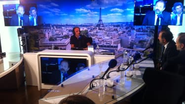 Nikos Aliagas, Denis Olivennes et Fabien Namias lors de la conférence de rentrée d'Europe 1