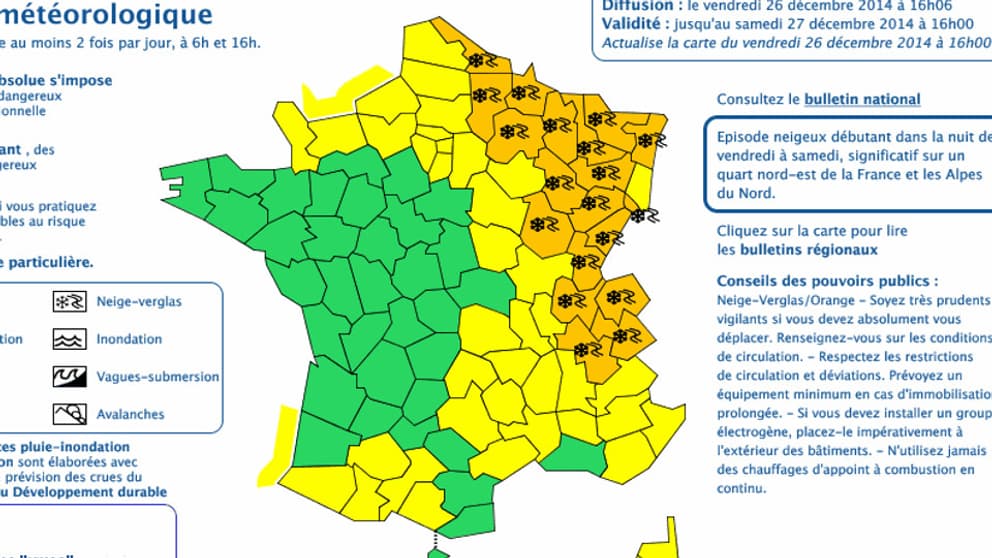 Un large quart nord-est est placé en vigilance orange pour neige et verglas, ce vendredi après-midi.