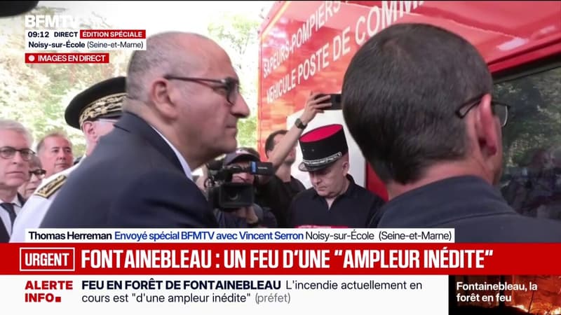Le ministre de l'Intérieur, Laurent Nuñez, est arrivé sur les lieux de l'incendie à Fontainebleau et échange sur les opérations de secours