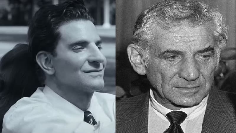 Bradley Cooper dans Maestro à gauche et Leonard Bernstein à droite