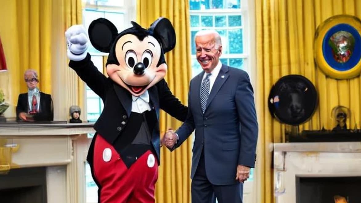 Un exemple d'image générée via Stable Diffusion avec la commande "Joe Biden qui serre la main de Mickey Mouse à la Maison Blanche" Un exemple d'image générée via Stable Diffusion avec la commande "Joe Biden qui serre la main de Mickey Mouse à la Maison Blanche"