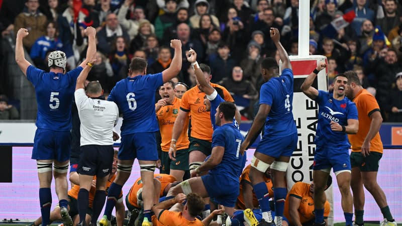 La joie des Bleus du XV de France après leur essai contre l'Australie, le 5 novembre 2022