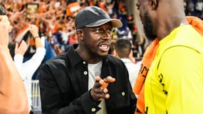 Benjamin Mendy avec le gardien Yvon Mvogo après PSG-Lorient (0-0, 1ere journée de Ligue 1), le 12 août 2023