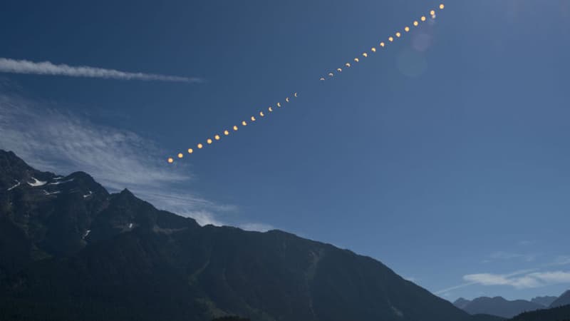 Photo d'illustration - Image composite qui montre la progression de l'éclipse solaire sur le lac Ross, dans l'Etat de Washington, en 2017.