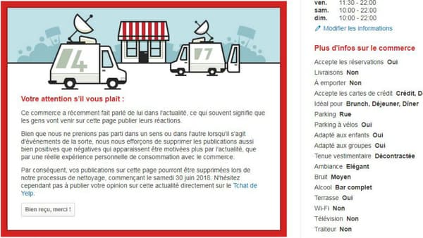 Yelp affiche un avertissement sur la page du Teahouse