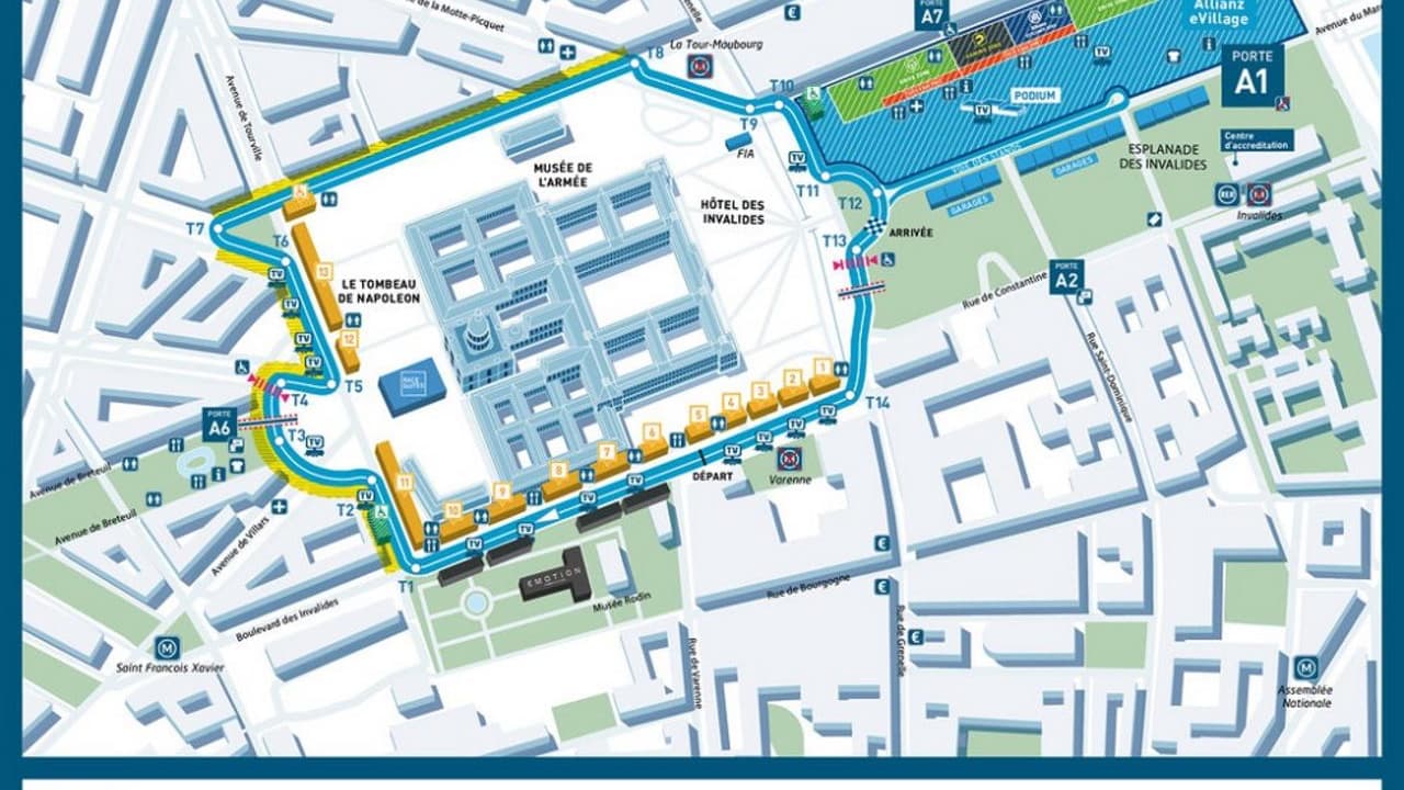 Le plan de ce circuit éphémère des Invalides avec les différents accès indiqués Le plan de ce circuit éphémère des Invalides avec les différents accès indiqués