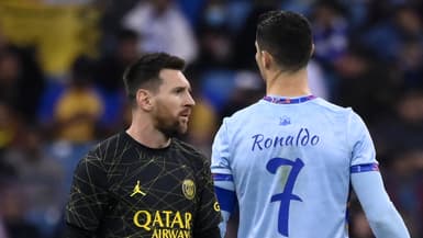 Lionel Messi et Cristiano Ronaldo lors d'un amical du PSG en Arabie saoudite, janvier 2023