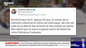 Emmanuel Macron félicite Annie Ernaux, lauréate du prix Nobel de littérature: "Sa voix est celle de la liberté des femmes"