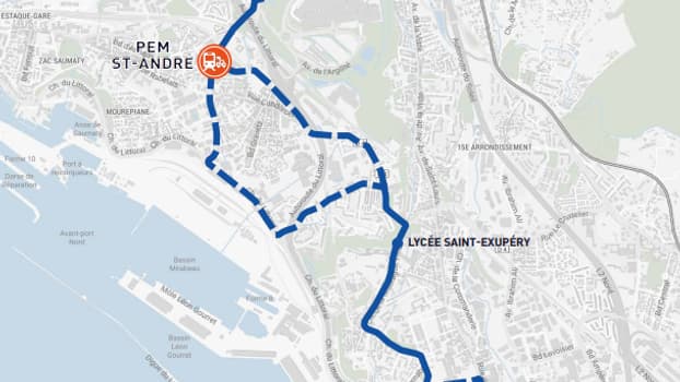 Des schémas alternatifs (en pointillés bleus) ont émergé pour le tracé du tramway à Marseille.