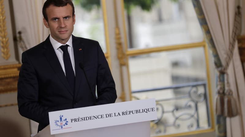 Le président Emmanuel Macron lors d'une conférence de presse avec le président du Groupe de la Banque Mondiale en juillet 2017.