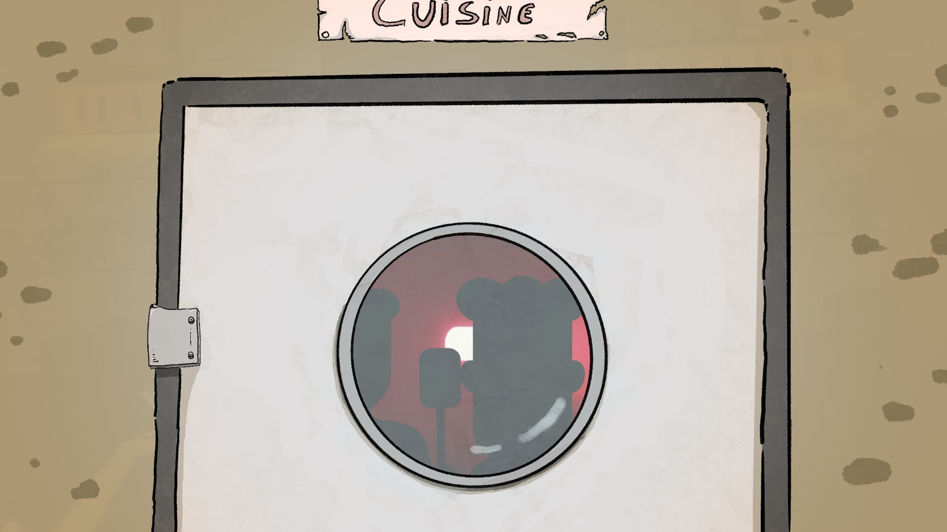 Illustration d'une cuisine d'un restaurant à travers le hublot d'une porte