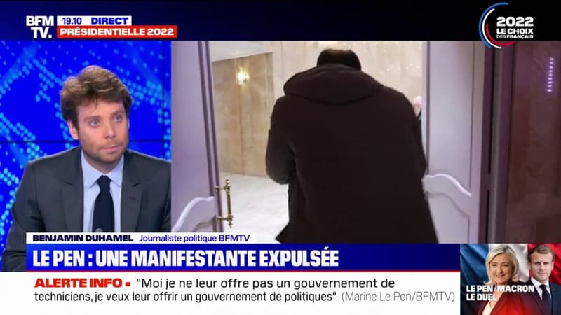 La personne qui traîne au sol la militante pendant la conférence de presse de Marine Le Pen n'est pas un policier