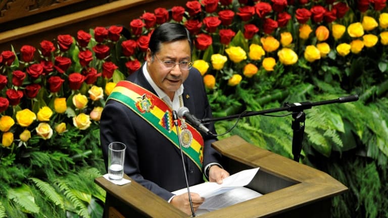 Le président de la Bolivie, Luis Arce, devant l'Assemblée nationale, le 6 août 2021 à La Paz