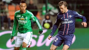 Pierre-Emerick Aubameyang et David Beckham lors du match AS Saint-Etienne-PSG, le 17 mars 2013.