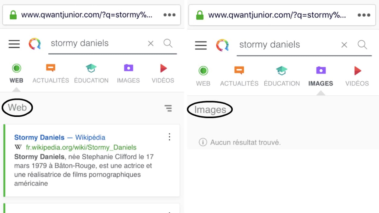 Qwant Junior modère les images faisant référence à Stormy Daniels mais laisse apparaître des liens vers des articles de presse
