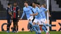 Riyad Mahrez après son coup franc victorieux fêté par ses coéquipiers contre le PSG en demi-finale aller de Ligue des champions, le 28 avril 2021 au Parc des Princes 