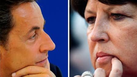 Selon un sondage CSA pour la chaîne LCP, Martine Aubry battrait Nicolas Sarkozy par 52% des voix contre 48% au second tour de l'élection présidentielle de 2012. /Photos d'archives/REUTERS/Philippe Wojazer et Stéphane Mahé