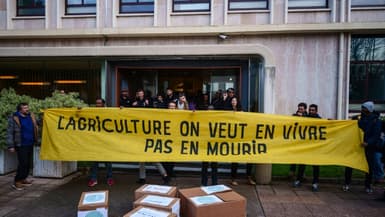 Manifestation à l'appel du syndicat des agriculteurs de la Confédération Paysanne contre l'accord commercial UE-Mercosur devant le ministère de l'Agriculture à Paris, le 14 janvier 2026