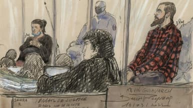 Croquis d'audience de Kevin Guiavarch (à droite), lors de son procès au palais de justice de Paris, le 14 mars 2022