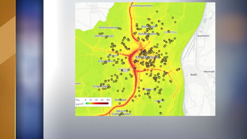 Carte de la pollution au dioxyde d'azote mesurée autour des écoles de Strasbourg.