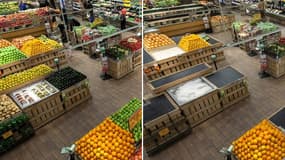 A gauche, un étal de supermarché après travail des abeilles. A droite, si elles n'existaient pas...