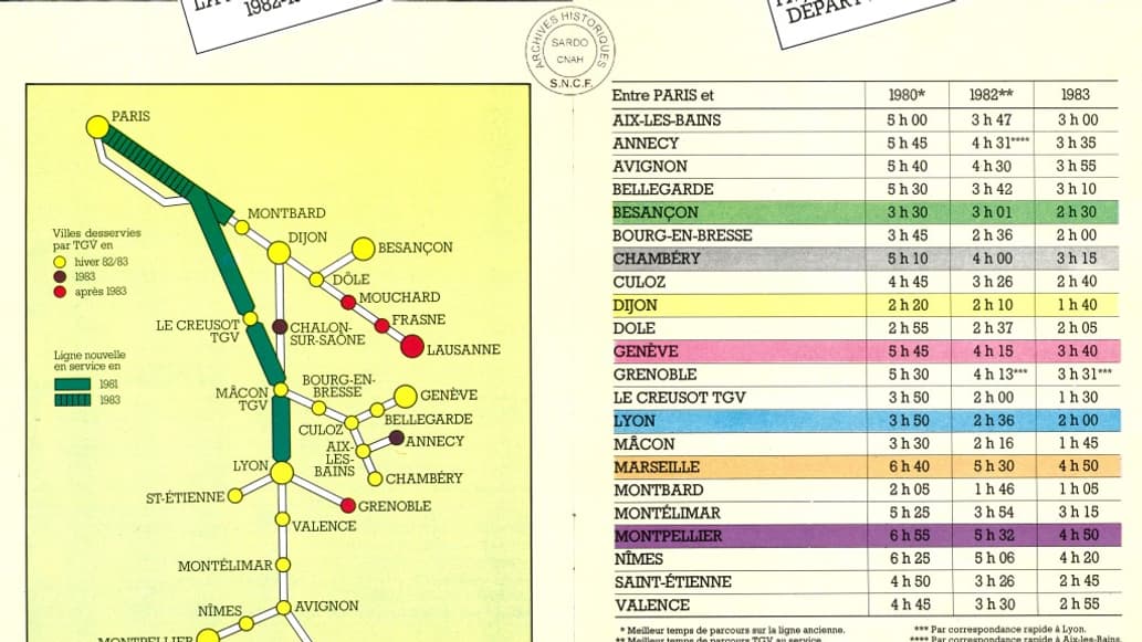 La desserte et les temps de parcours du TGV (1982-1983)