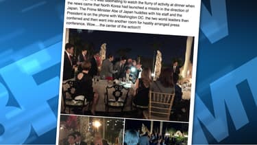 Des clichés publiés sur Facebook montrant Donald Trump et Shinzo Abe, samedi 11 février, à Mar-a-Lago, au moment où ils apprennent que la Corée du Nord a tiré un missile balistique.