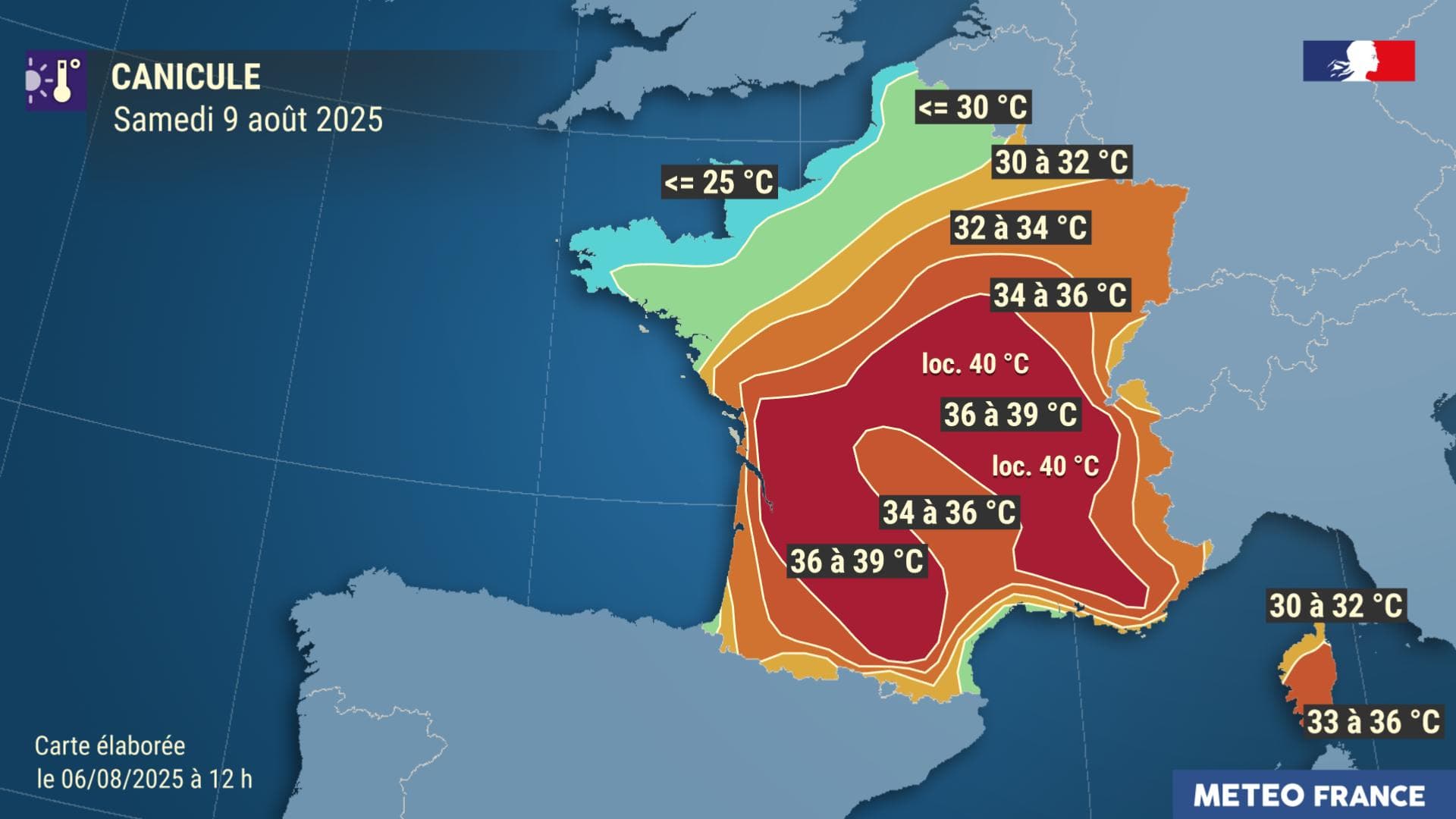 La carte pour la journée de samedi 9 août, établie par Météo-France. La carte pour la journée de samedi 9 août, établie par Météo-France.