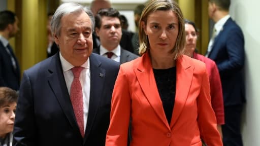 Antonio Guterres et Federica Mogherini, le 5 avril 2017 lors la conférence de Bruxelles sur l'avenir de la Syrie Antonio Guterres et Federica Mogherini, le 5 avril 2017 lors la conférence de Bruxelles sur l'avenir de la Syrie