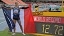 La joie du Français Sahsa Zhoya, après avoir remporté la finale du u 110 m haies et établi un nouveau record du monde aux Championnats du monde des moins de 20 ans, le 20 août 2021 à Nairobi