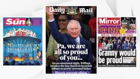 Les unes du "Sun", du "Daily Mail" et du "Daily Mirror", au lendemain du week-end du couronnement de Charles III, le 8 mai 2023