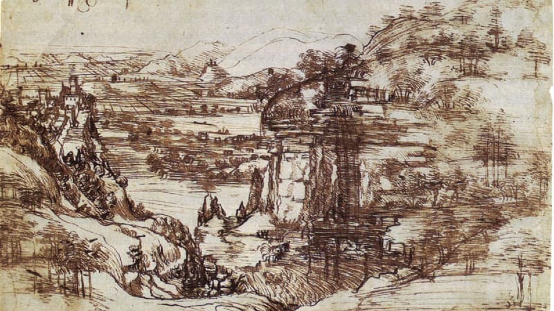 Le Paysage, réalisé par Léonard de Vinci le 5 août 1473.