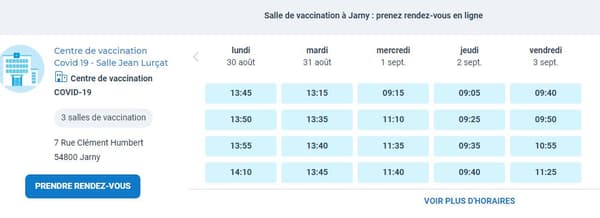 Capture d'écran des rendez-vous disponibles à Jarny. 