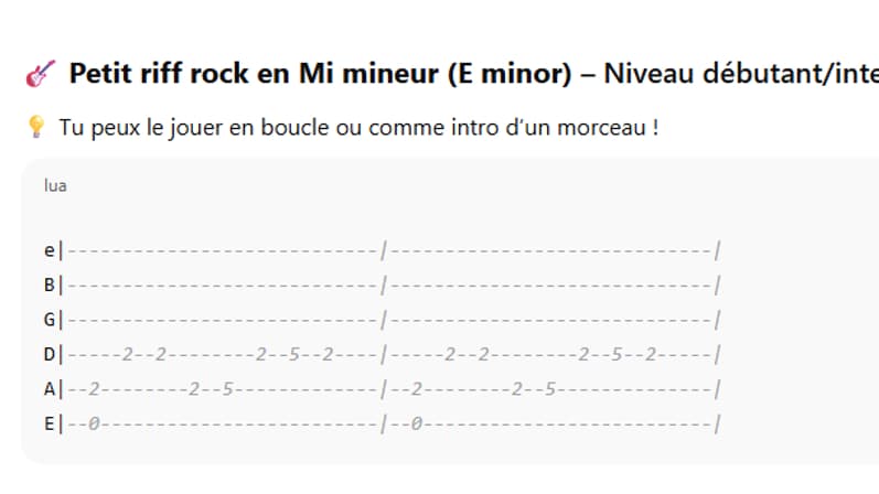 Exemple de tablature Ascii générée par ChatGPT, chaque numéro correspond à une corde à jouer selon la timeline