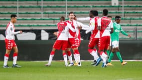 Stevan Jovetić avec ses coéquipiers monégasques, à Saint-Étienne le 19 mars 2021