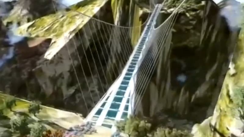 Le plan en 3D du pont en verre en construction.