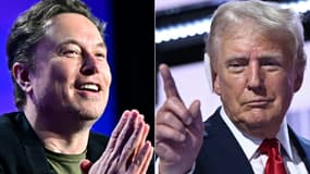 Elon Musk, PDG de Tesla, le 6 mai 2024, et Donald Trump lors de la dernière journée de la convention nationale républicaine de 2024 dans le Wisconsin le 18 juillet 2024.