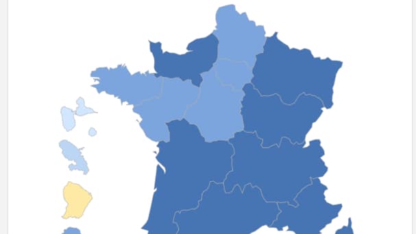 Infographie de l'Insee démontrant la baisse du nombre de naissances en juillet 2023, région par région. 