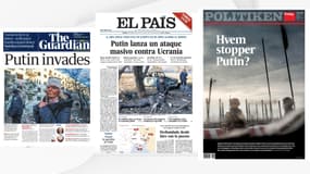 Les unes du 25 février des journaux The Guardian, El Pais et Politiken. 