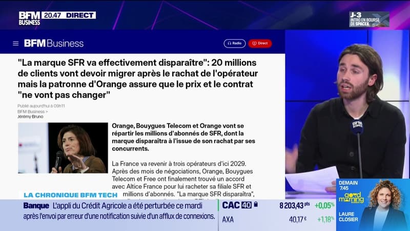 À lire sur le site Tech&Co : "La marque SFR va disparaître" : 20 millions de clients vont devoir migrer après le rachat de l'opérateur mais la patronne d'Orange assure que le prix et le contrat "ne vont pas changer", par Raphael Raffray - 09/06
