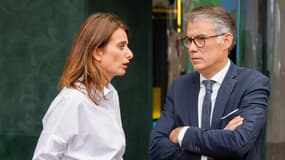 La secrétaire nationale des Écologistes, Marine Tondelier, et son homologue du PS, Olivier Faure, le 12 octobre 2023 à Paris 