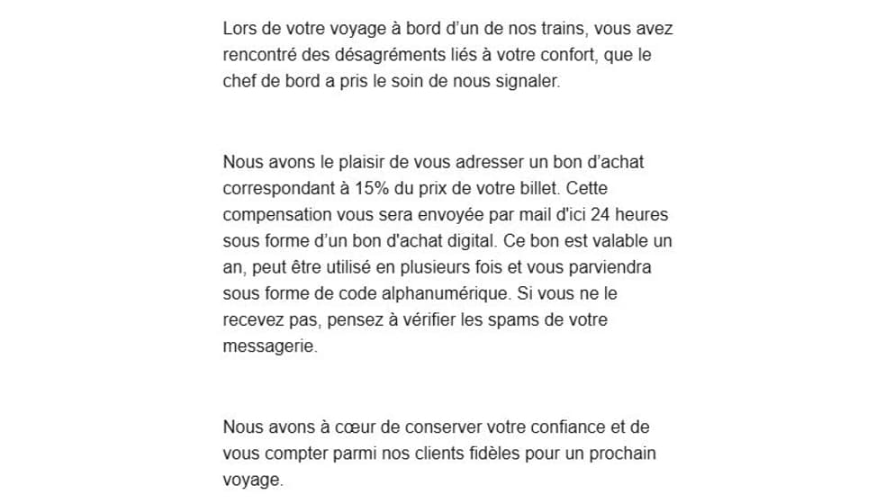 Le mail envoyé par la SNCF à ses clients pour la garantie confort.